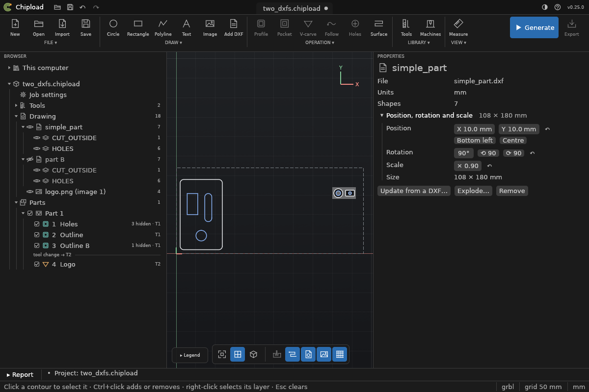 The Browser: two DXFs with their layers, the second hidden, a picture, and four operations; the first DXF’s placement window is open