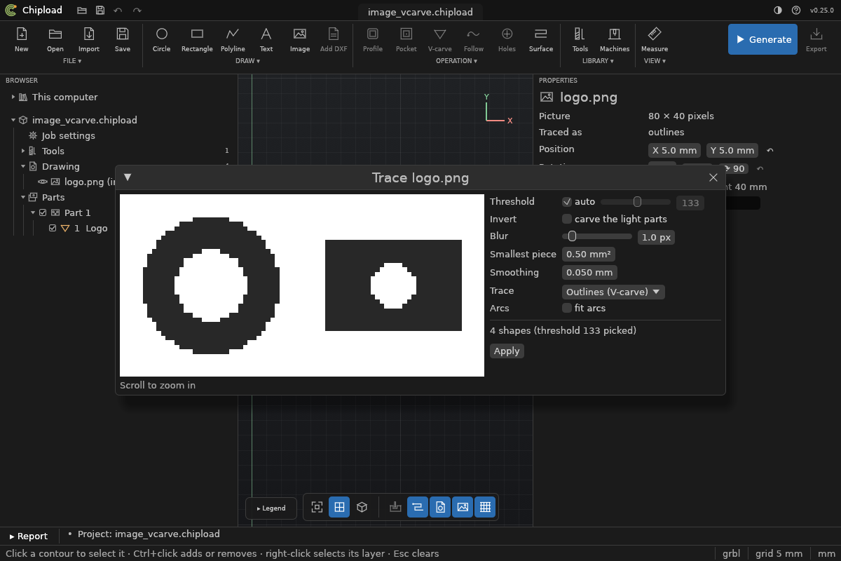 The image window: the picture as black and white, and the settings
