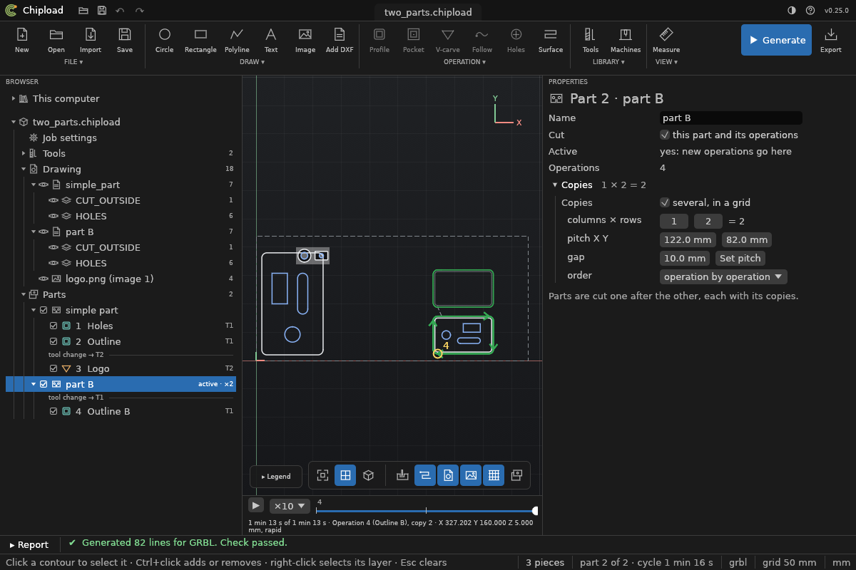 Two parts in the Browser: part B is active, cut twice, and its properties are open