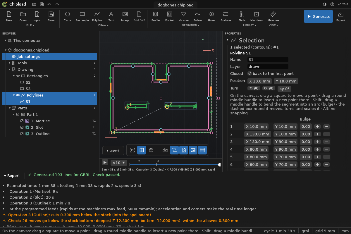 Properties: a drawn polyline selected, with its points, above the project’s settings