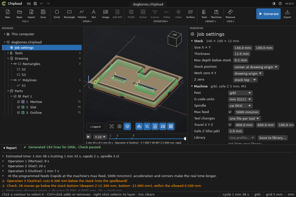 The canvas in 3D: the simulated stock on the grid, the cube in the corner and the navigation bar