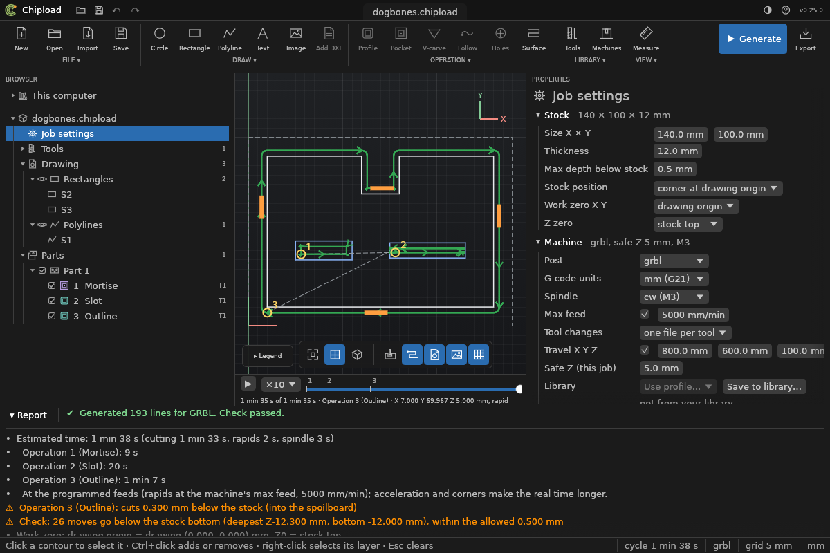 A generated toolpath: the Browser on the left, the canvas, the job settings on the right and the report below